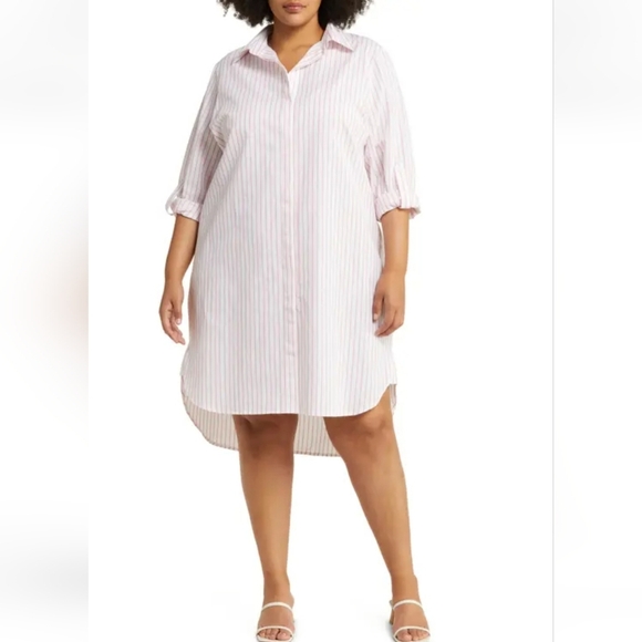 NWT HARSHMAN Willow Stripe Long Sleeve Cotton & Linen Shirtdress in White/Rose P - Picture 1 of 8